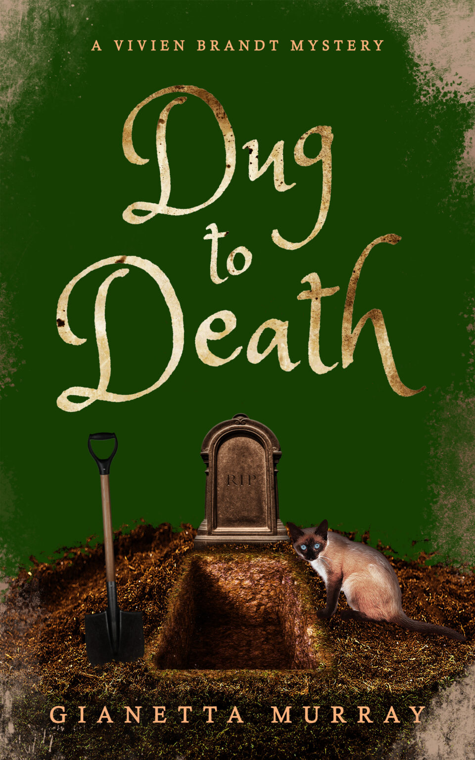 Cover of Dug to Death shows cat and shovel next to a grave.