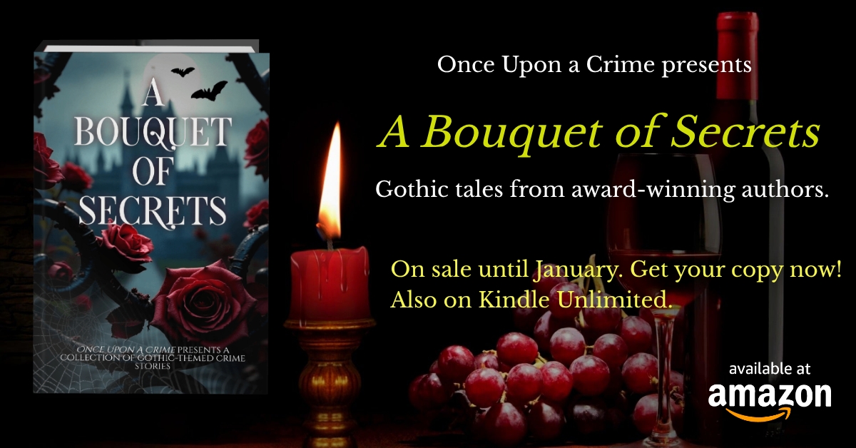 Ad for A Bouquet of Secrets, showing candle and grapes.